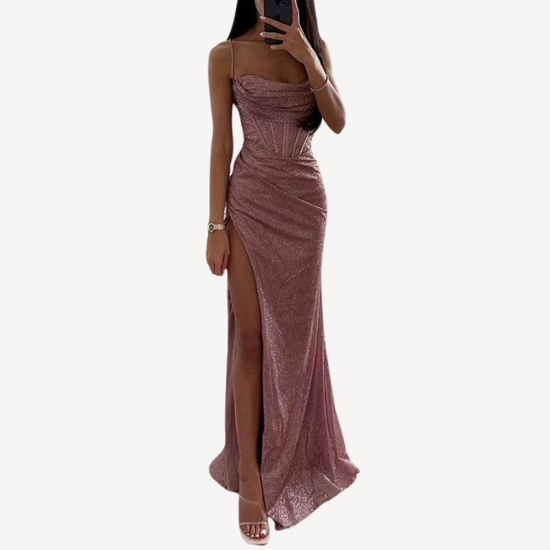 Women's Satin Corset Maxi Dress – Elegant Formal Gown with Thigh Slit