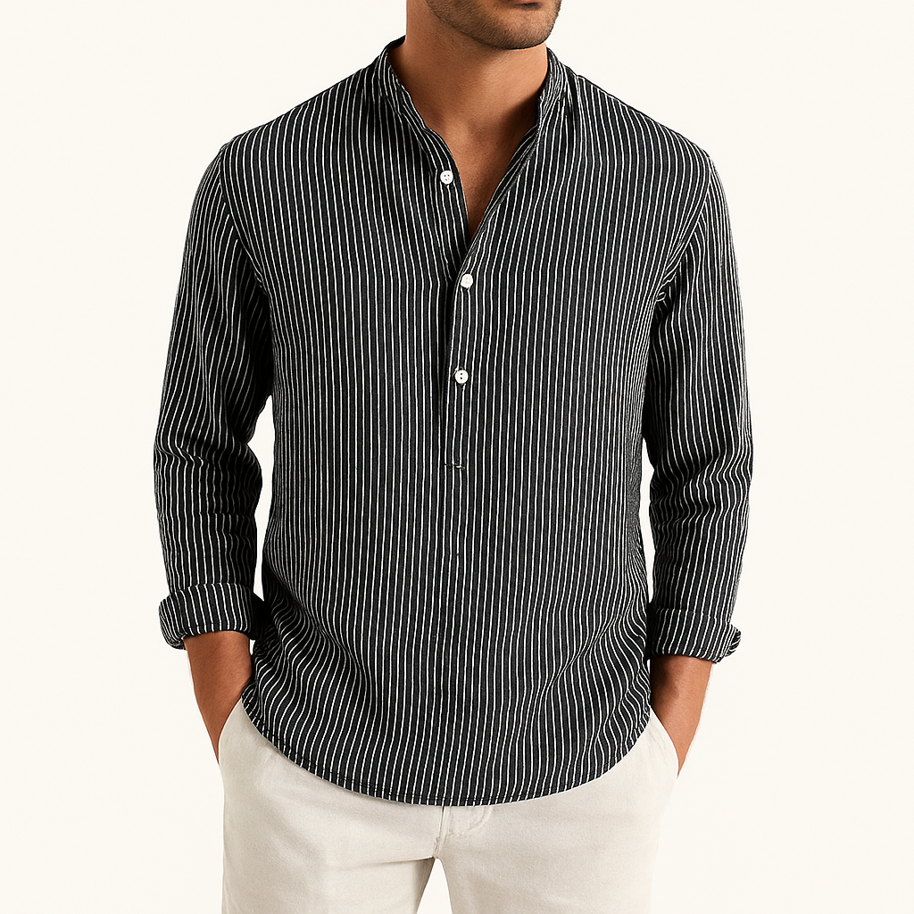 Men’s Striped Cotton-Linen Henley Shirt – Band Collar, Long Sleeve, Casual Fit