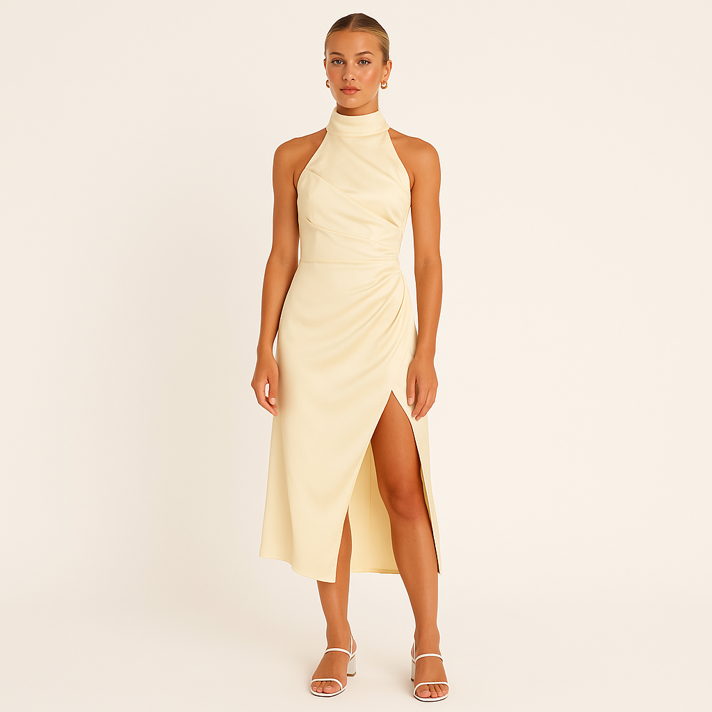 Women's Satin Halter Evening Gown with Side Slit - Full Length