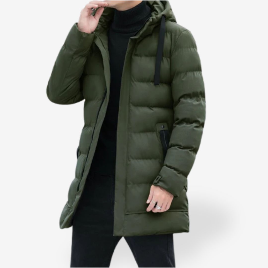 Men’s Long Parka Coat – Waterproof Windproof, Padded Hood, Smart Casual