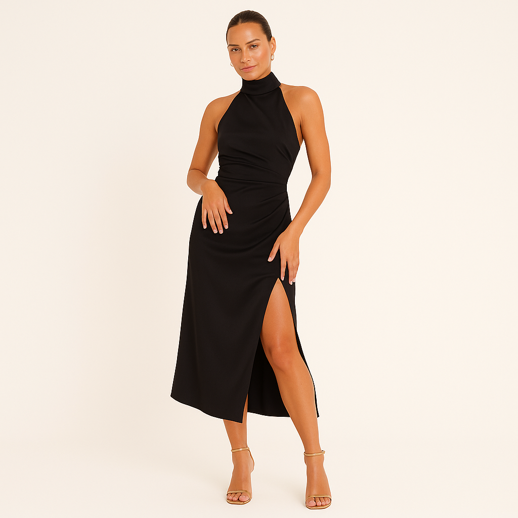 Women's Satin Halter Evening Gown with Side Slit - Full Length