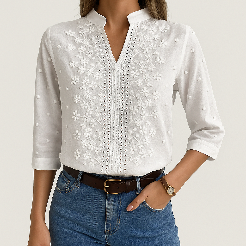 Women's Embroidered Cotton Blouse – Mandarin Collar, Mid-Length Sleeves, Breathable Fit