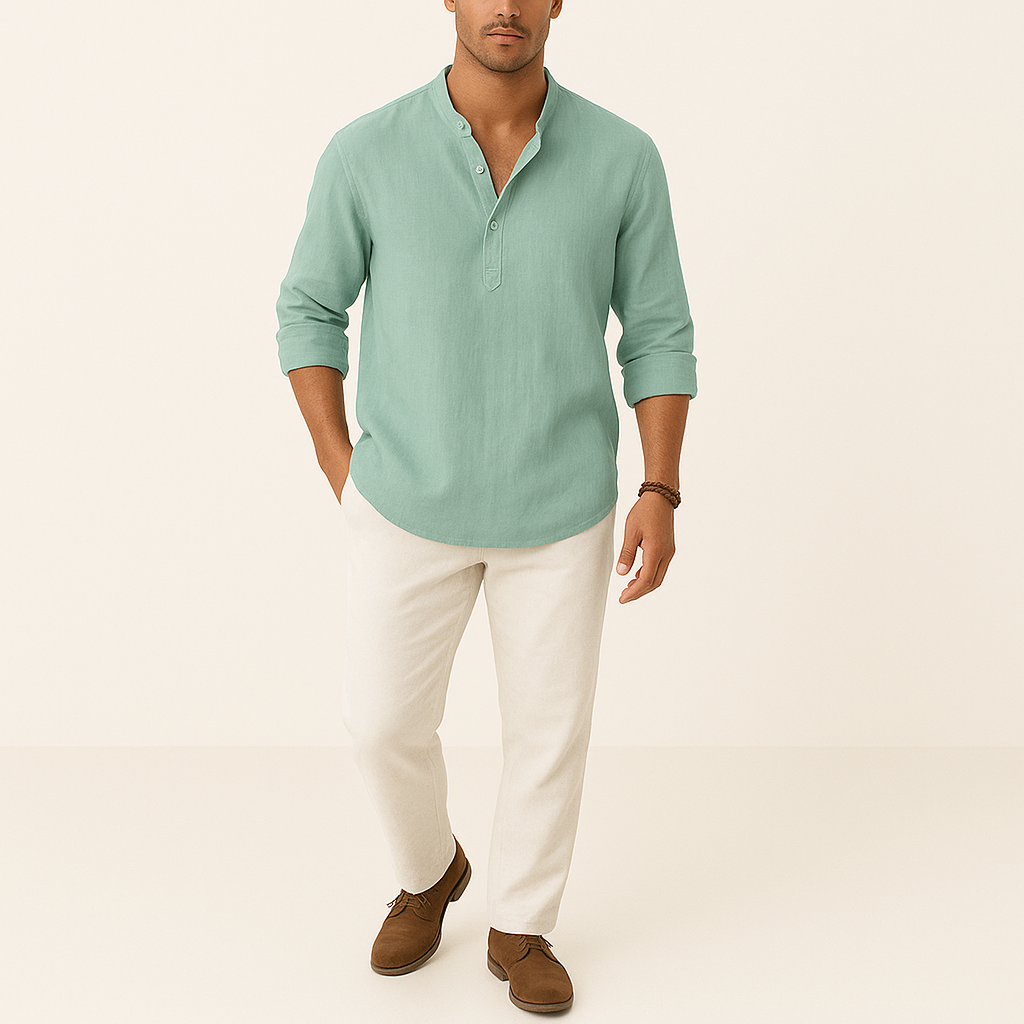 Men's Linen Blend Henley Shirt – Long Sleeve Casual Regular Fit