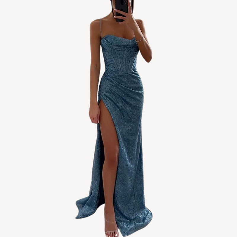 Women's Satin Corset Maxi Dress – Elegant Formal Gown with Thigh Slit