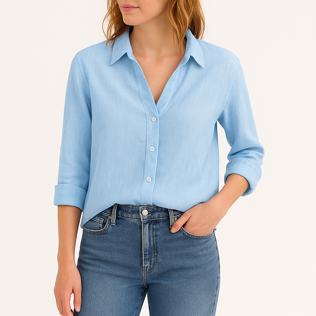 Women's Linen Blend Button-Up Shirt – Long Sleeve, Relaxed Fit