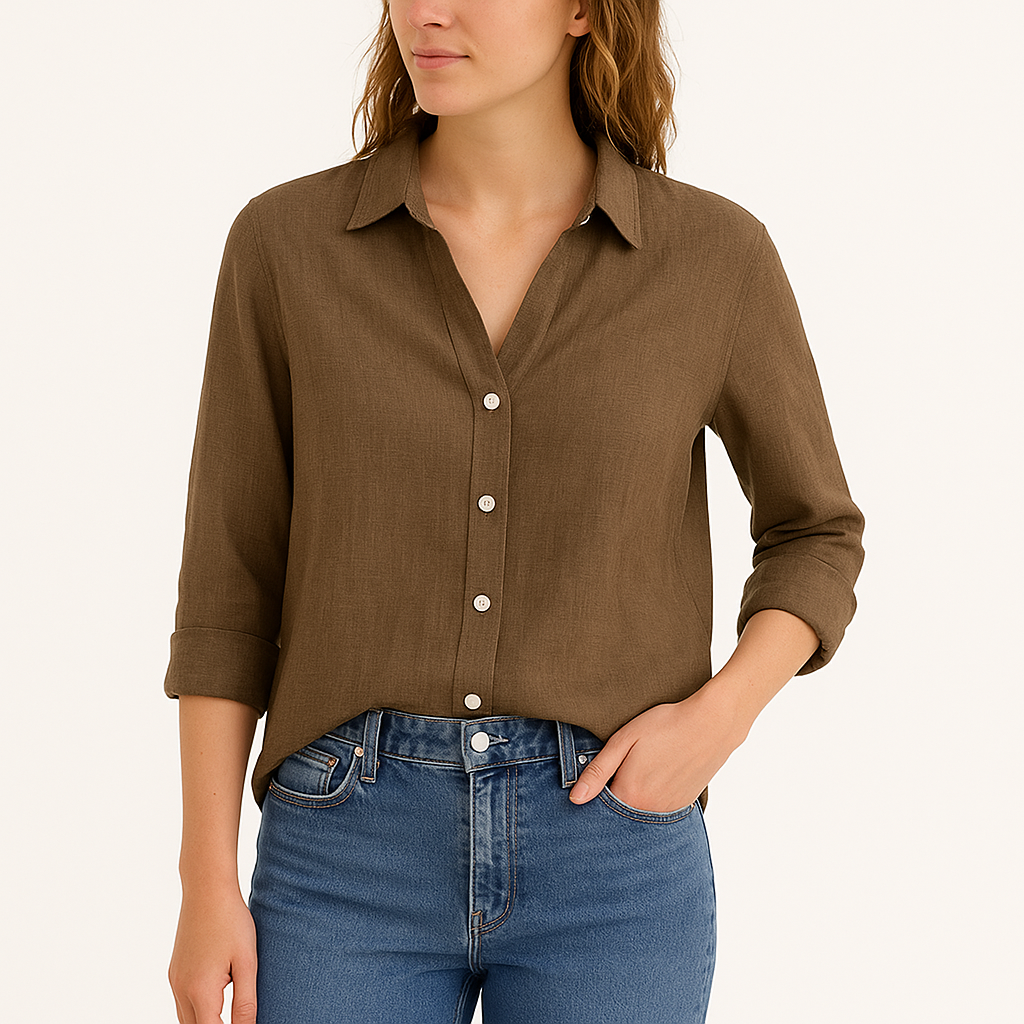 Women's Linen Blend Button-Up Shirt – Long Sleeve, Relaxed Fit