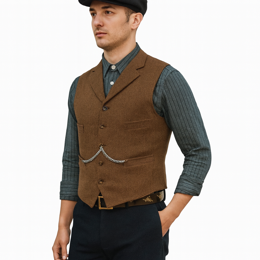 Men’s Tailored Herringbone Waistcoat – Classic Tweed Vest Layer