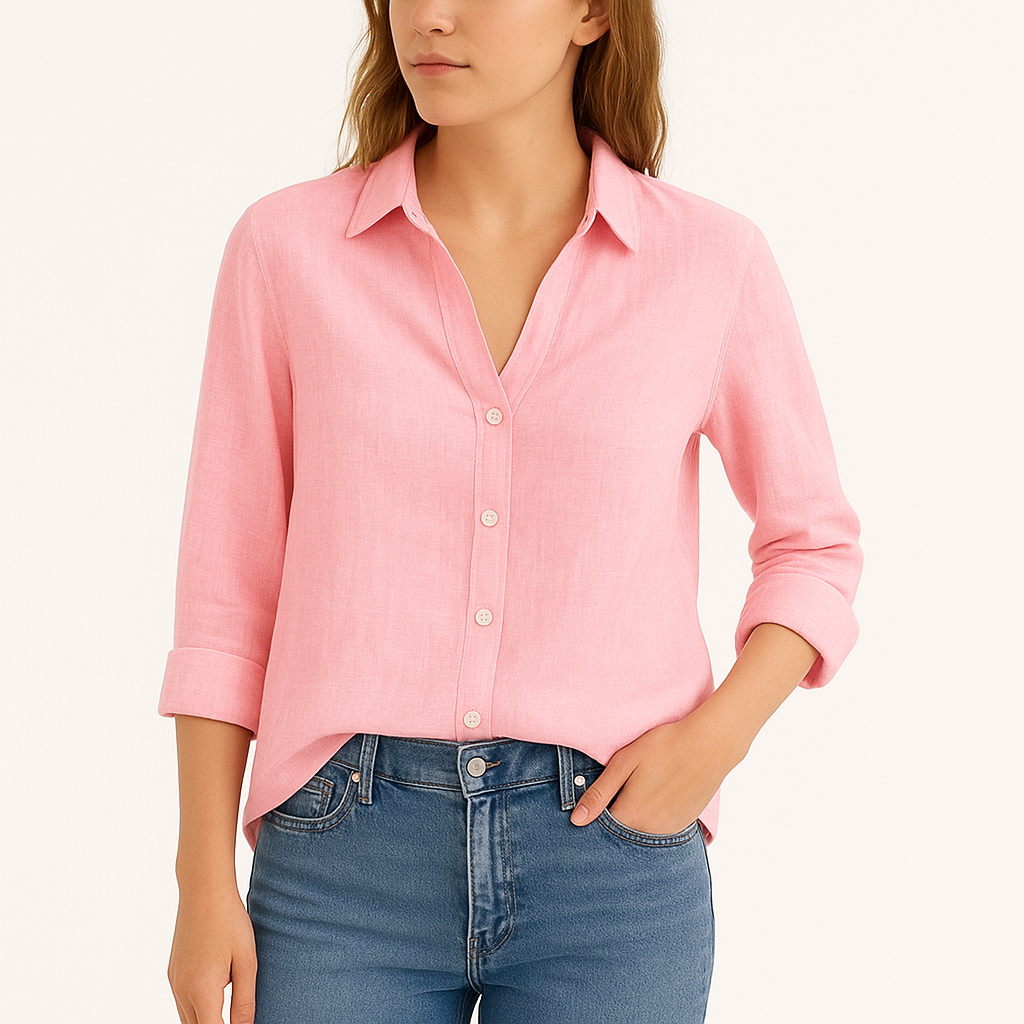 Women's Linen Blend Button-Up Shirt – Long Sleeve, Relaxed Fit
