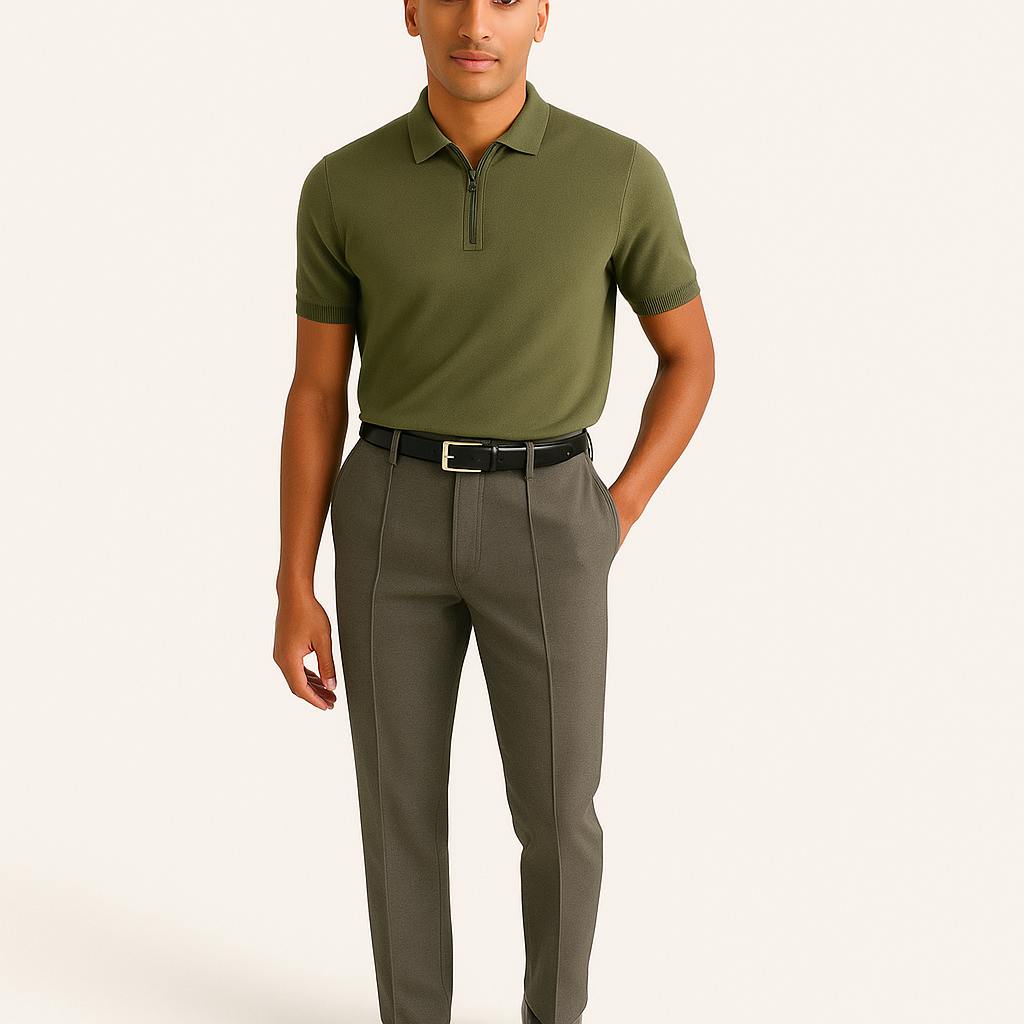 Men's Breathable Knit Polo Shirt with Zip Collar – Summer Casual Top