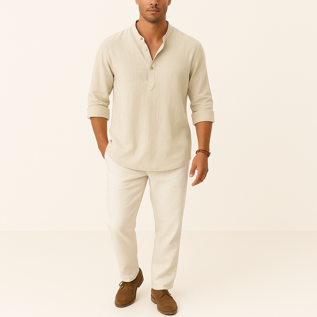 Men's Linen Blend Henley Shirt – Long Sleeve Casual Regular Fit