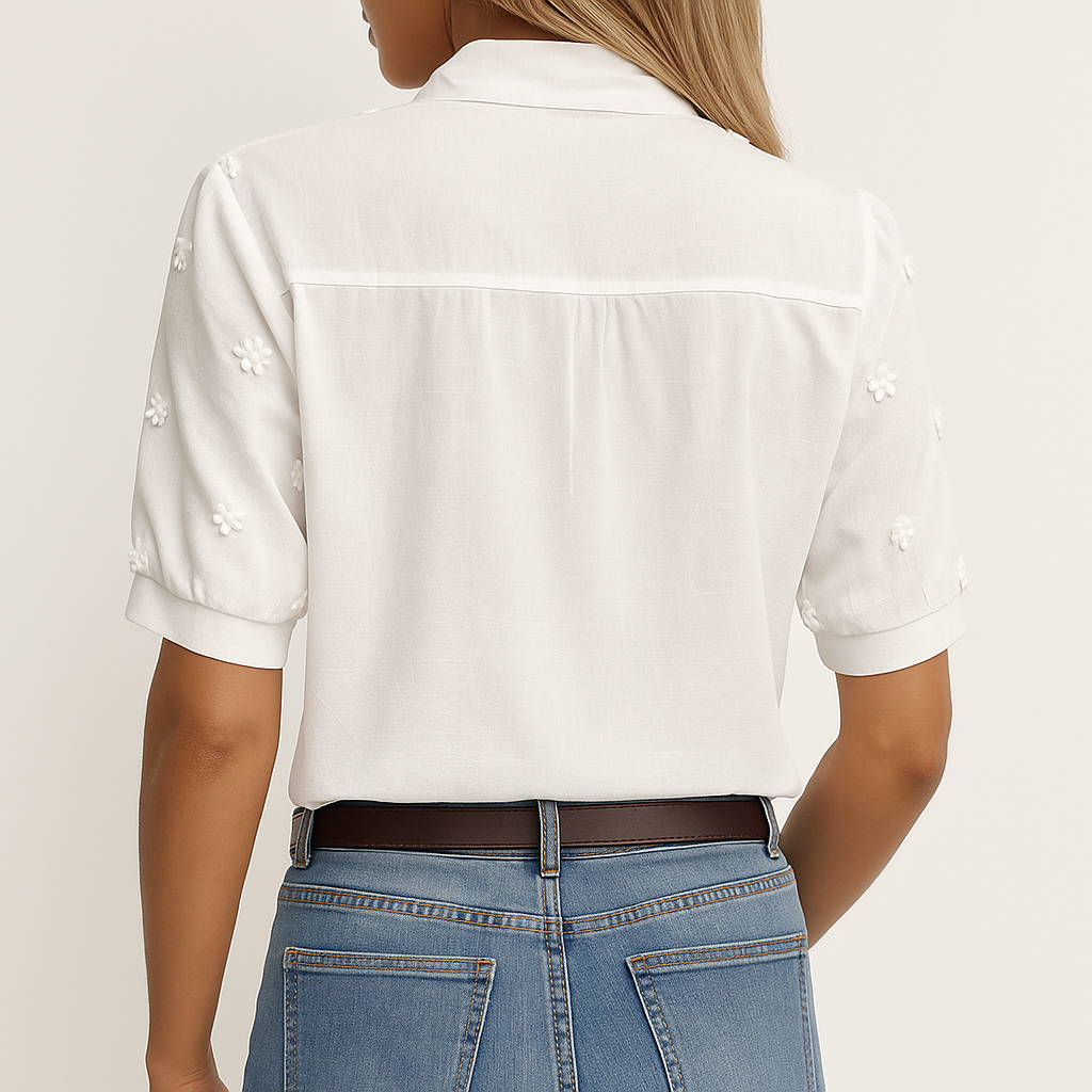 Women's Embroidered Cotton Blouse – Mandarin Collar, Mid-Length Sleeves, Breathable Fit