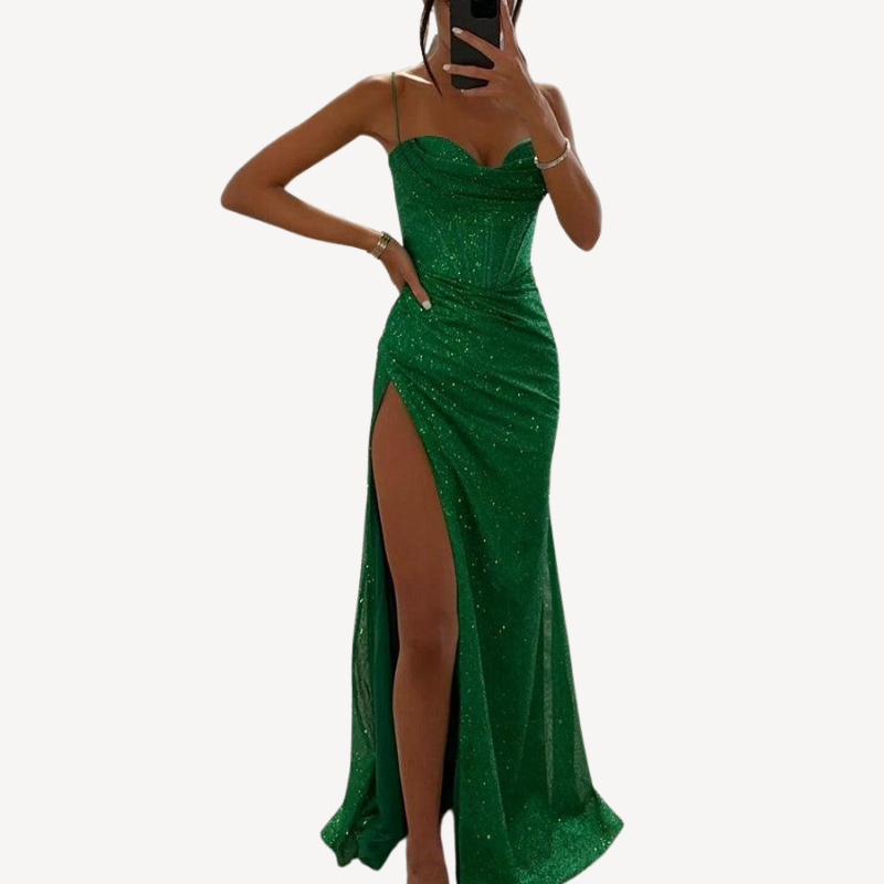 Women's Satin Corset Maxi Dress – Elegant Formal Gown with Thigh Slit