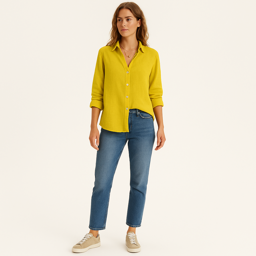 Women's Linen Blend Button-Up Shirt – Long Sleeve, Relaxed Fit