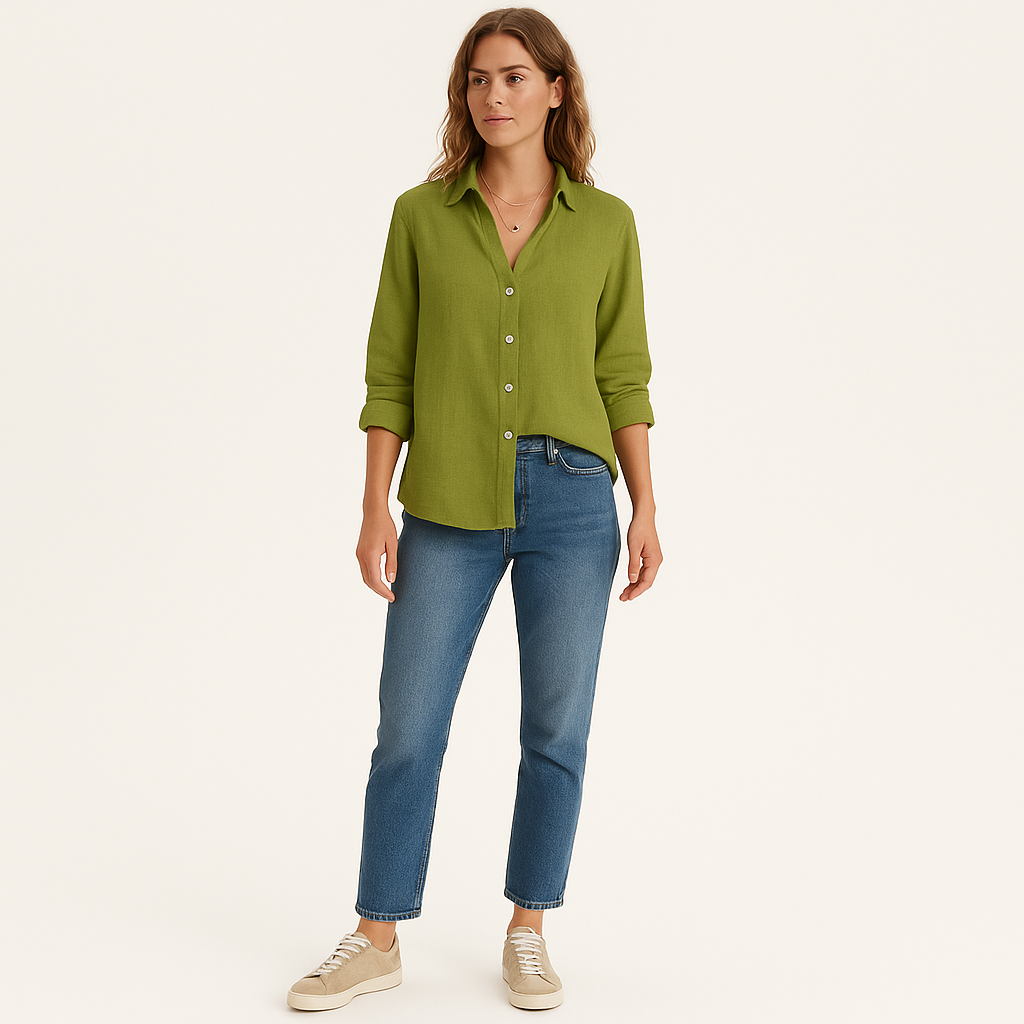 Women's Linen Blend Button-Up Shirt – Long Sleeve, Relaxed Fit