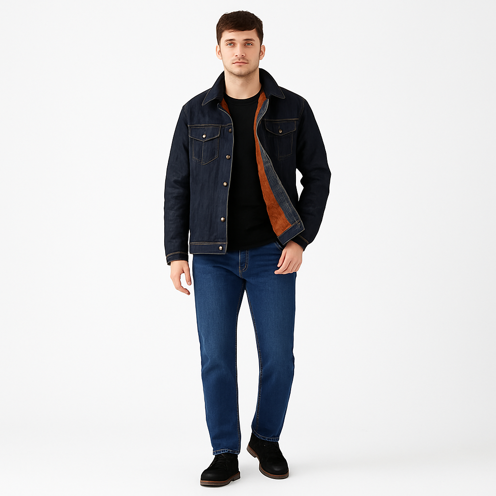Men’s Fleece-Lined Denim Trucker Jacket with Western Style