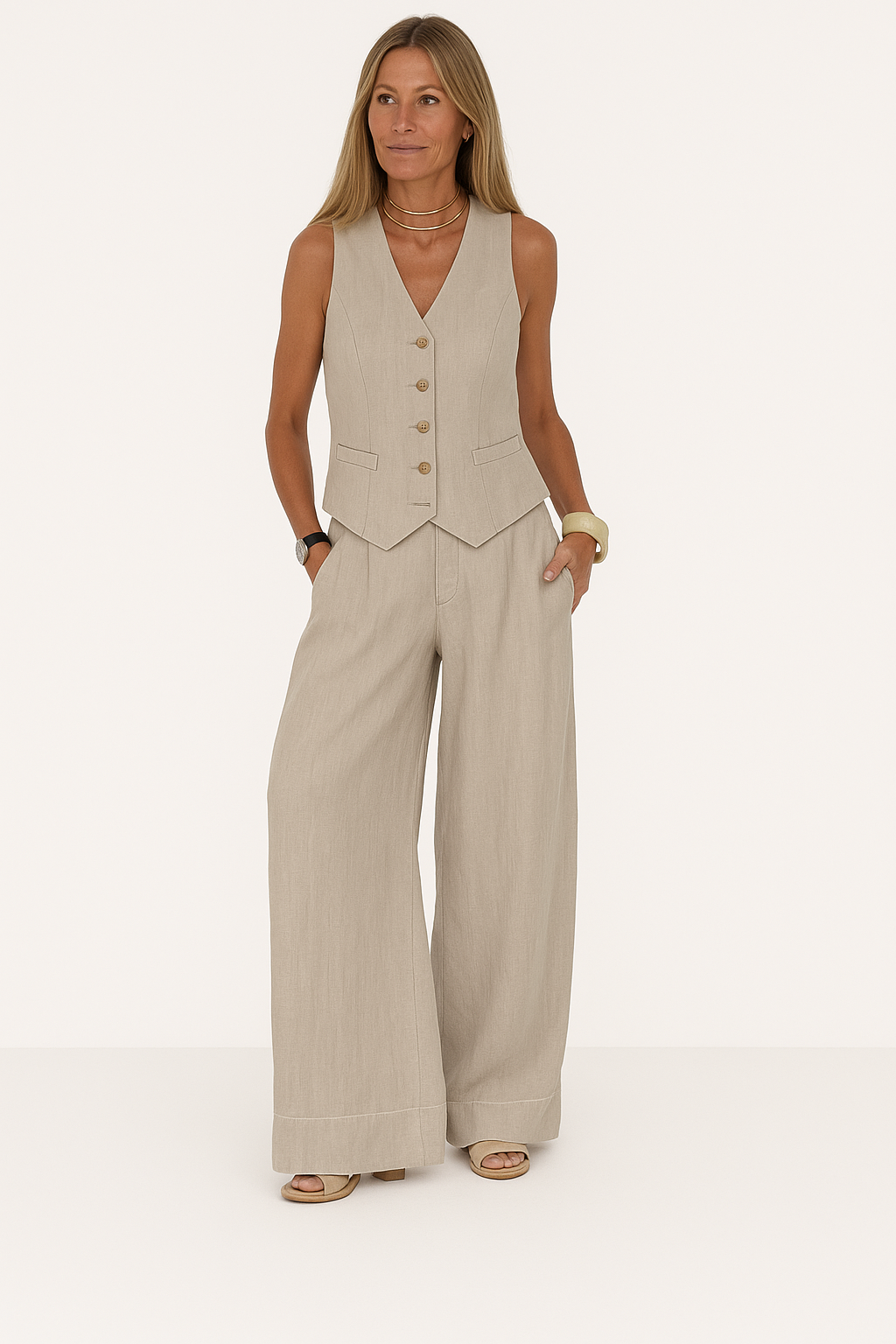 Women's Tailored Linen Vest – Lightweight, Fitted Button-Front – Versatile for Formal & Casual Wear