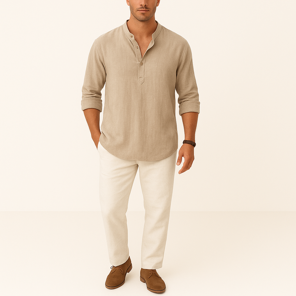 Men's Linen Blend Henley Shirt – Long Sleeve Casual Regular Fit