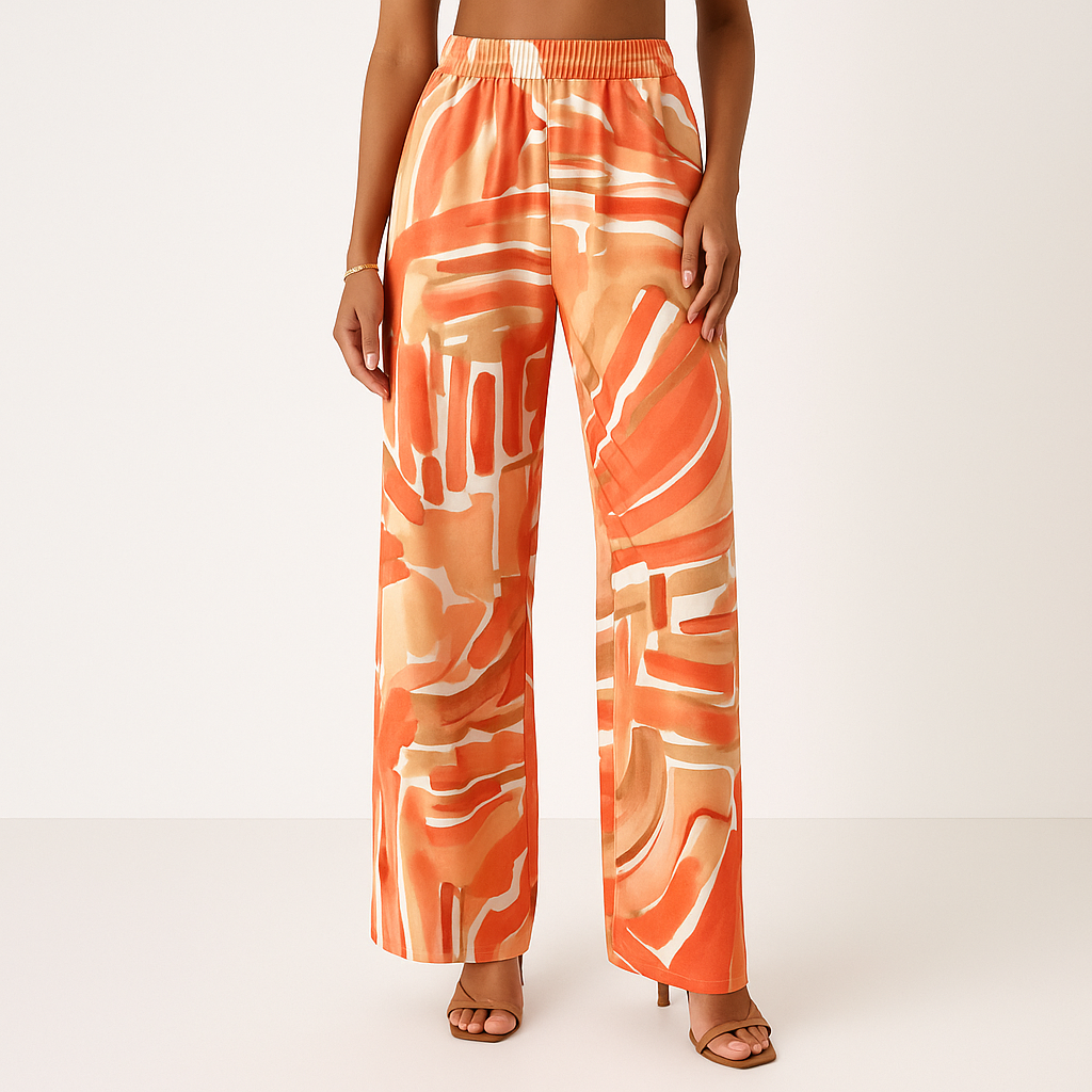 Women's Lightweight Abstract Print Wide-Leg Trousers with Elastic Waist