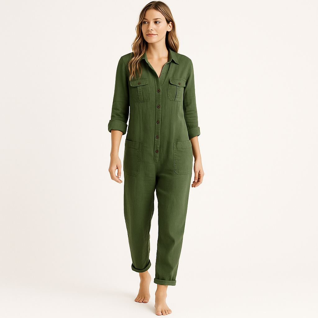 Women's Long Sleeve Utility Jumpsuit – Button Front, Straight Leg