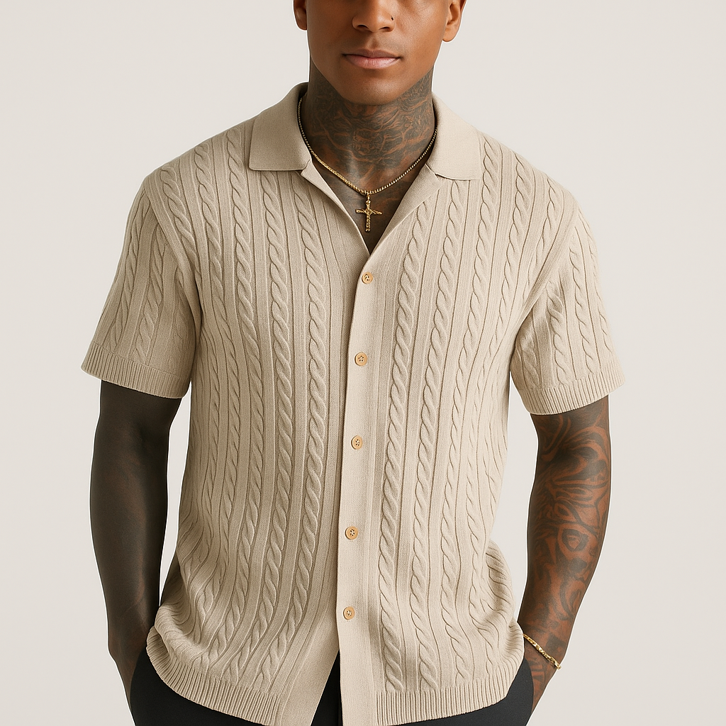 Men's Cable Knit Short Sleeve Button-Up Shirt – Breathable Summer Top