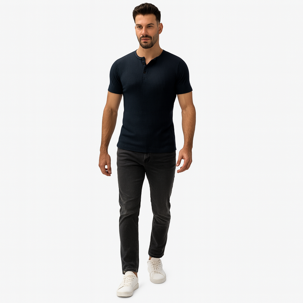 Muscle-Fit Henley T-Shirt for Men – Body-Contouring Short Sleeve Tee
