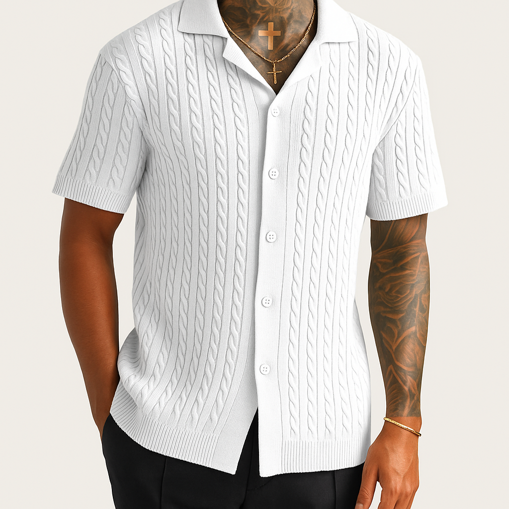 Men's Cable Knit Short Sleeve Button-Up Shirt – Breathable Summer Top