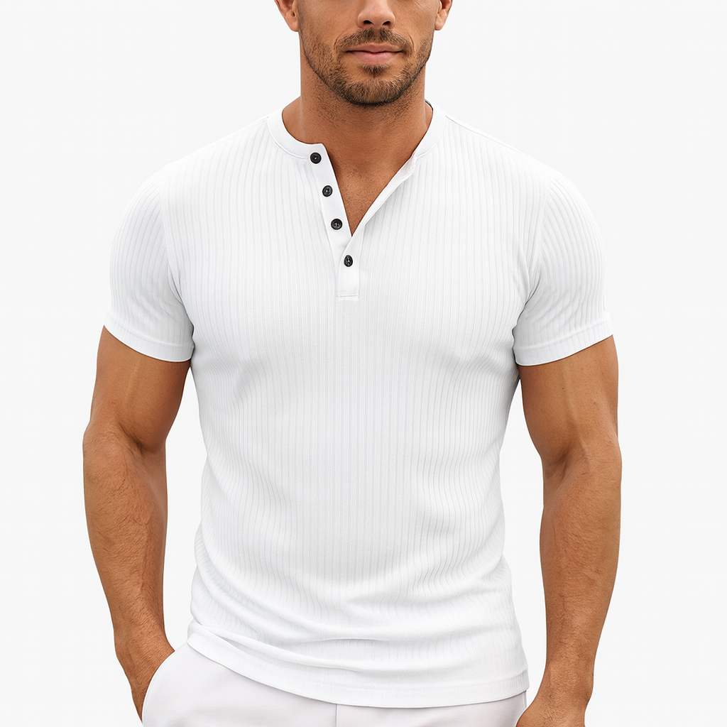 Muscle-Fit Henley T-Shirt for Men – Body-Contouring Short Sleeve Tee