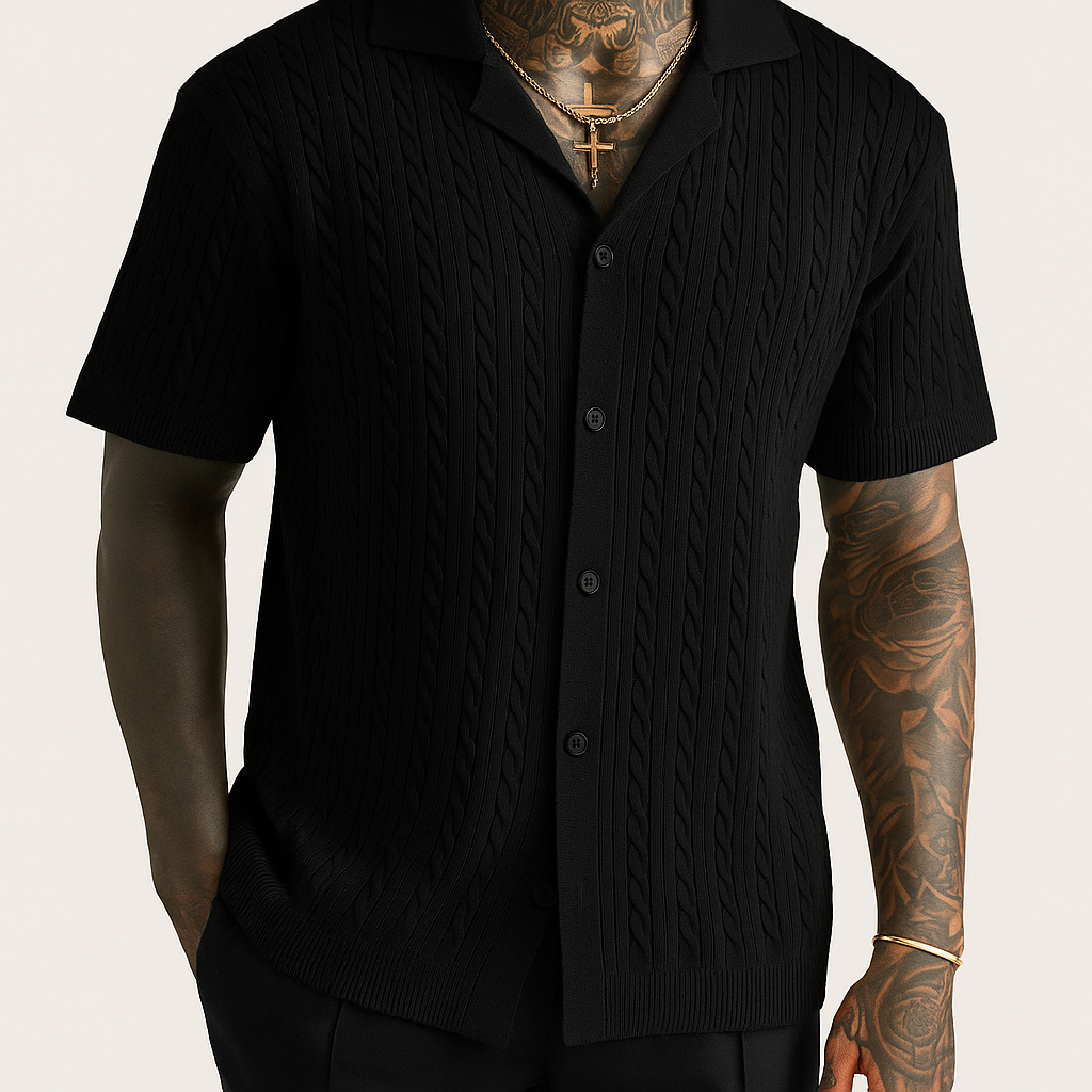 Men's Cable Knit Short Sleeve Button-Up Shirt – Breathable Summer Top
