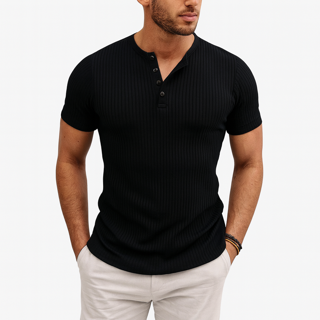 Muscle-Fit Henley T-Shirt for Men – Body-Contouring Short Sleeve Tee