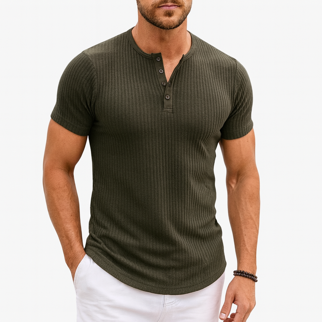 Muscle-Fit Henley T-Shirt for Men – Body-Contouring Short Sleeve Tee