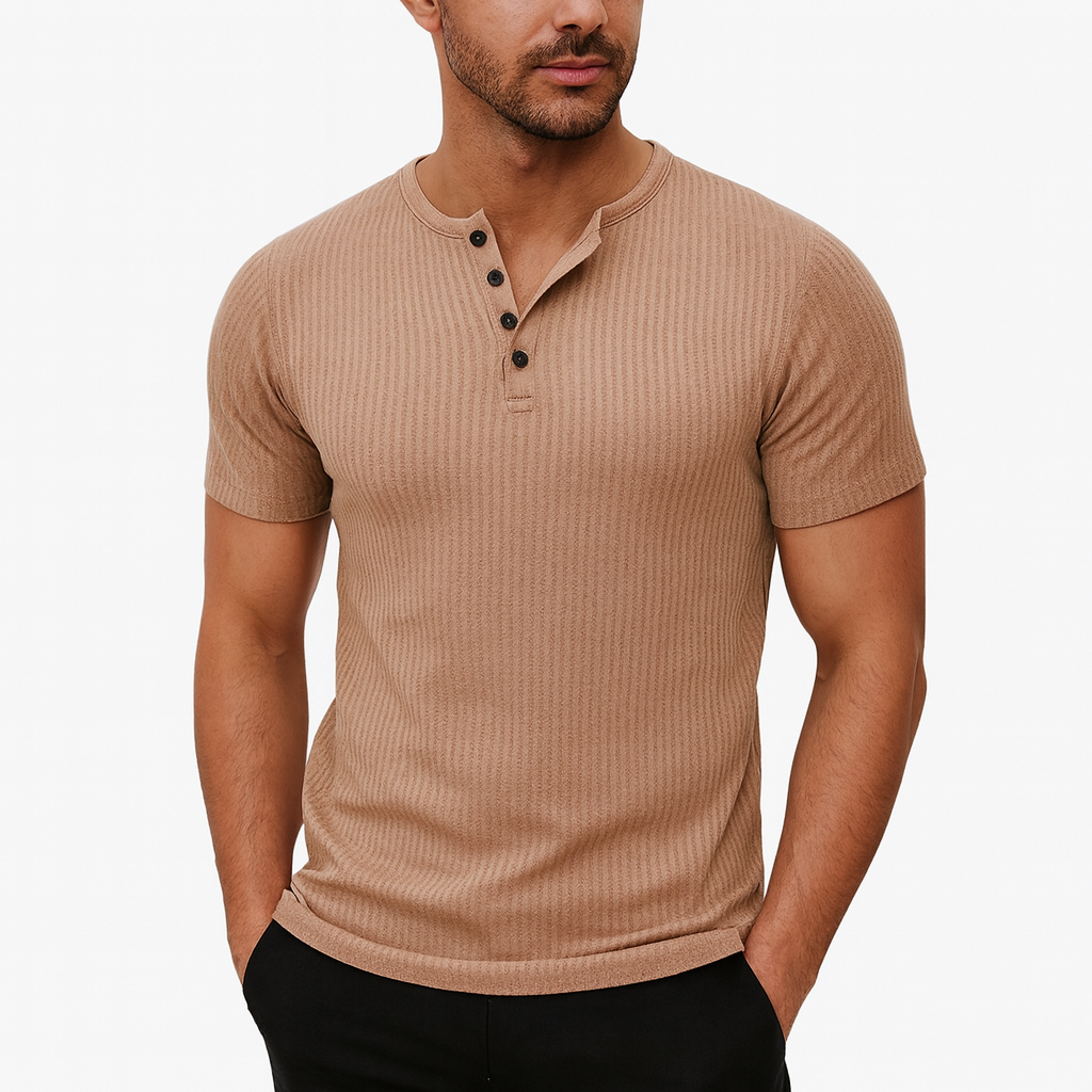 Muscle-Fit Henley T-Shirt for Men – Body-Contouring Short Sleeve Tee