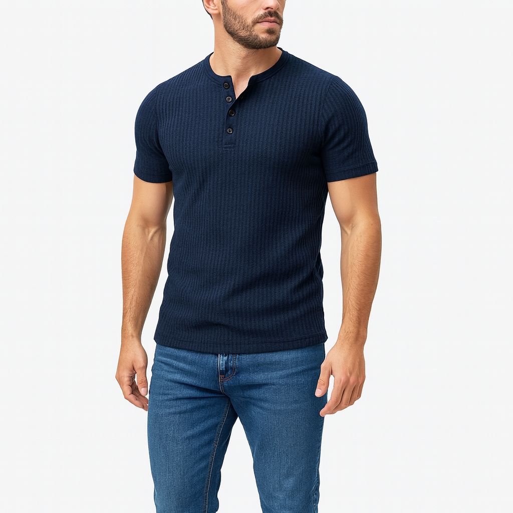 Muscle-Fit Henley T-Shirt for Men – Body-Contouring Short Sleeve Tee