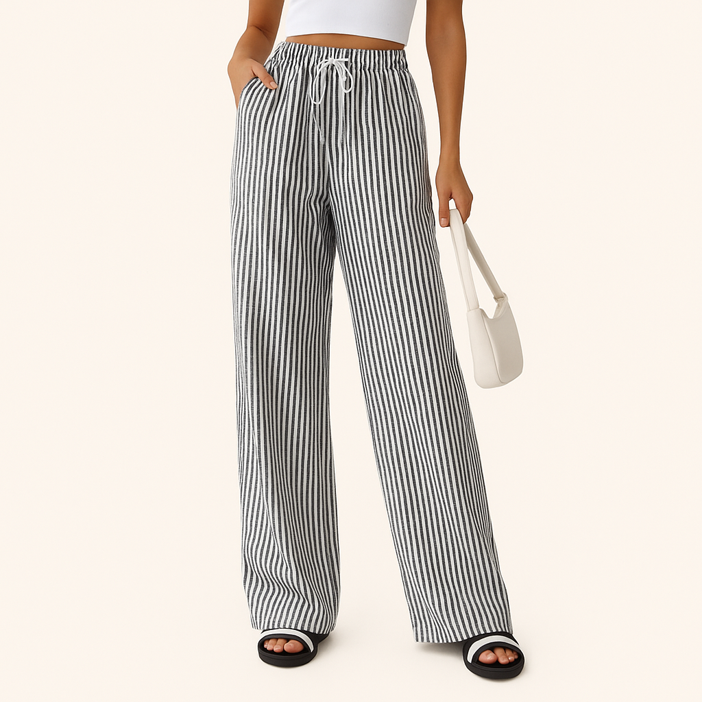 Women's Striped Cotton Blend Straight-Leg Trousers with Drawstring Waist