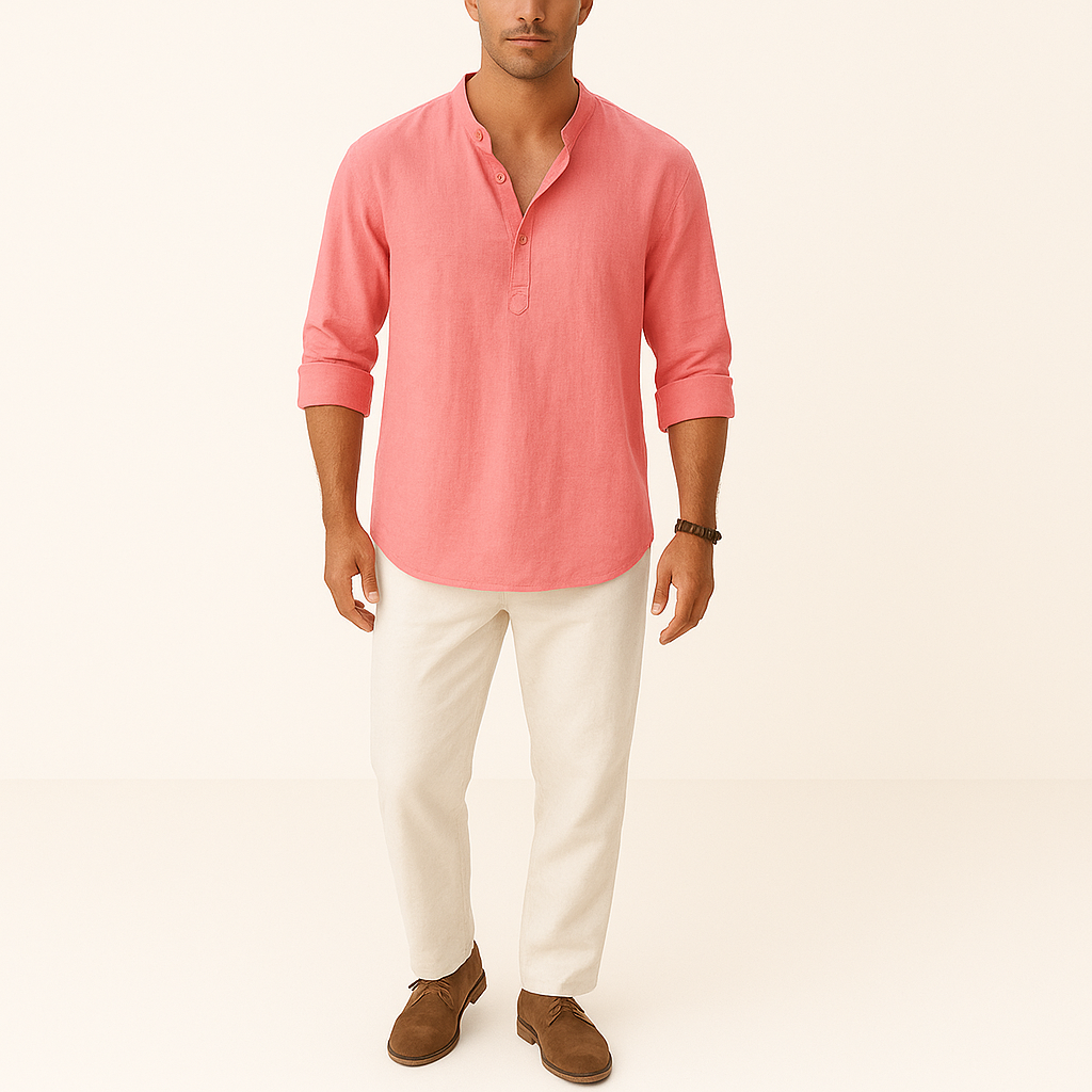 Men's Linen Blend Henley Shirt – Long Sleeve Casual Regular Fit