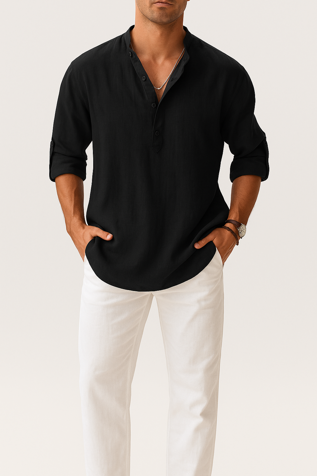 Men's Linen Blend Henley Shirt – Long Sleeve Casual Regular Fit