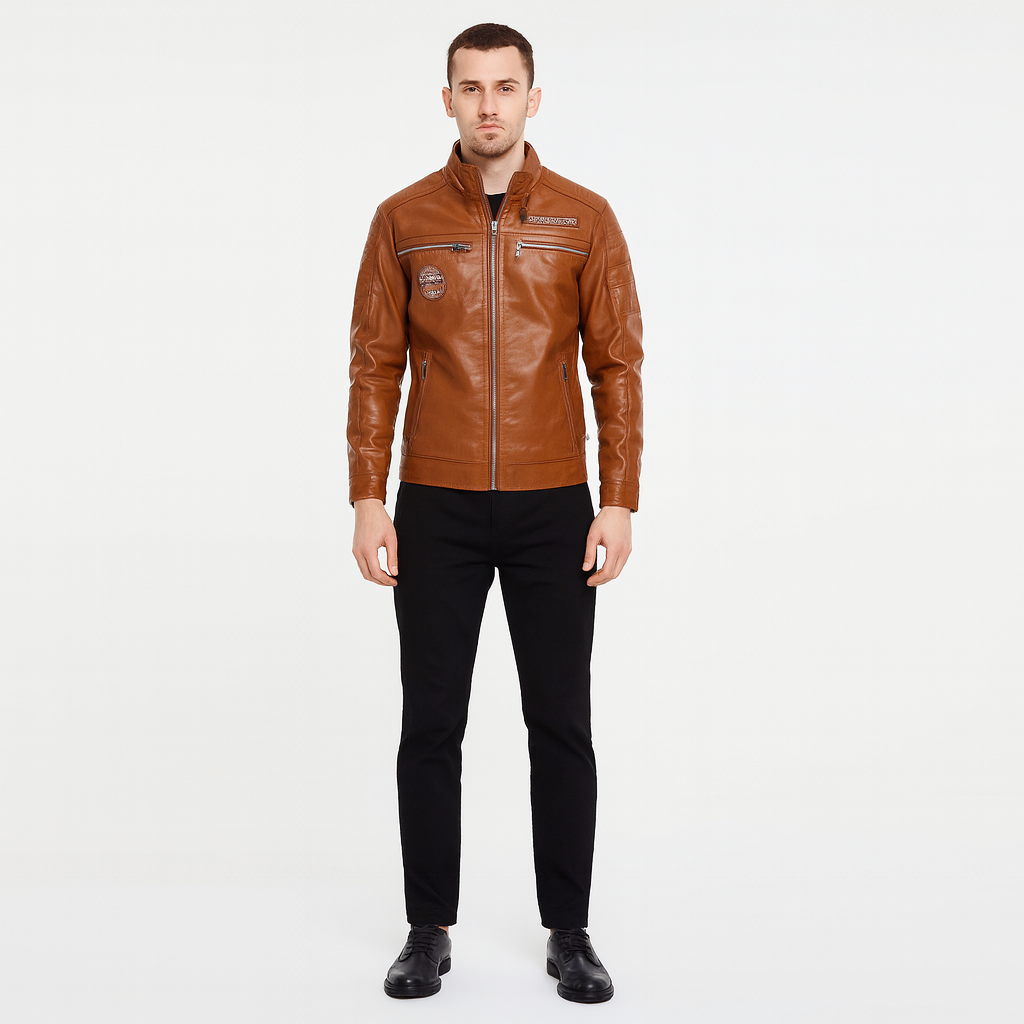 Men’s Vintage Leather Zip Jacket – Classic Biker Style Outerwear