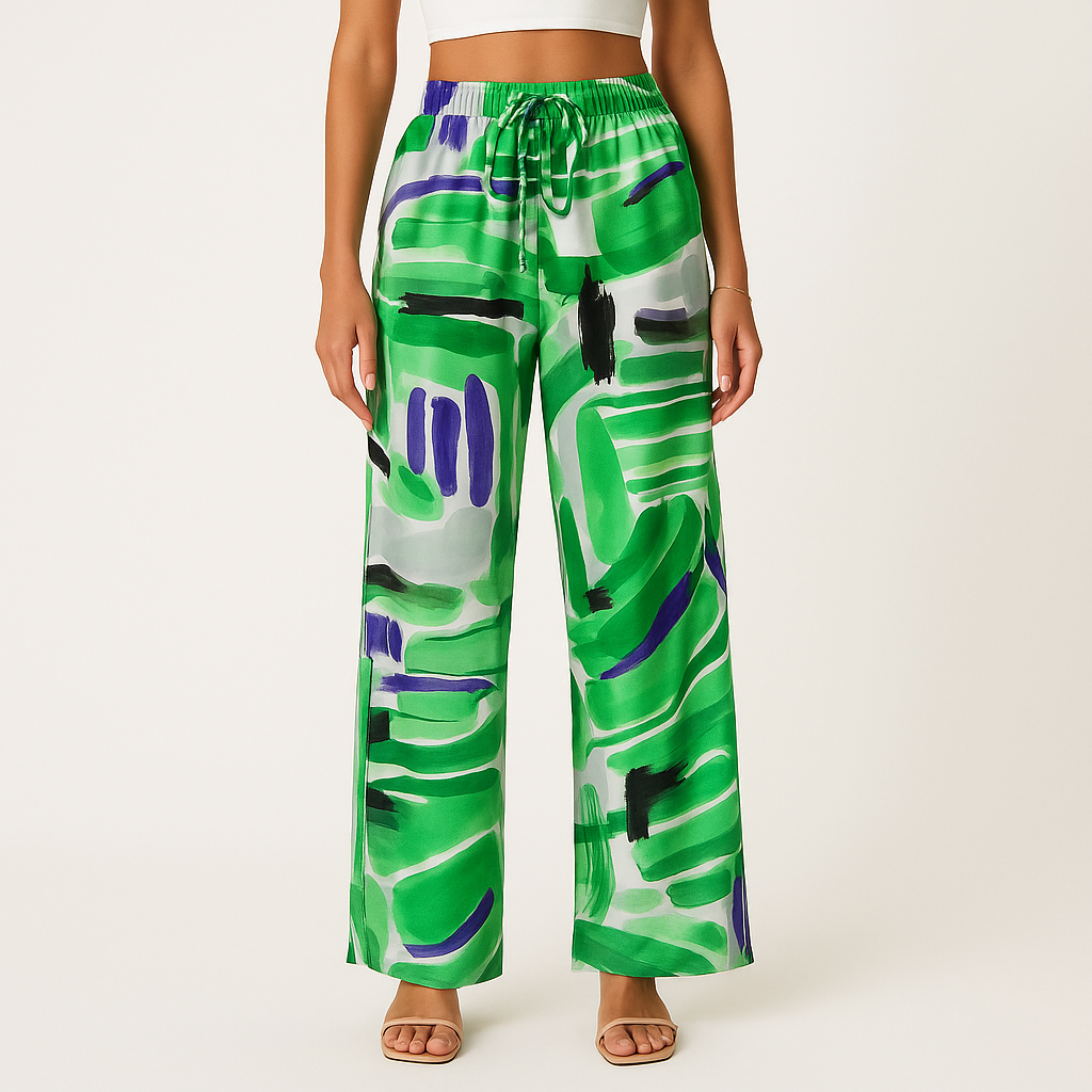 Women's Lightweight Abstract Print Wide-Leg Trousers with Elastic Waist