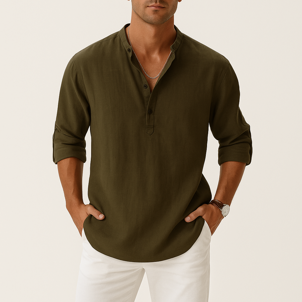 Men's Linen Blend Henley Shirt – Long Sleeve Casual Regular Fit