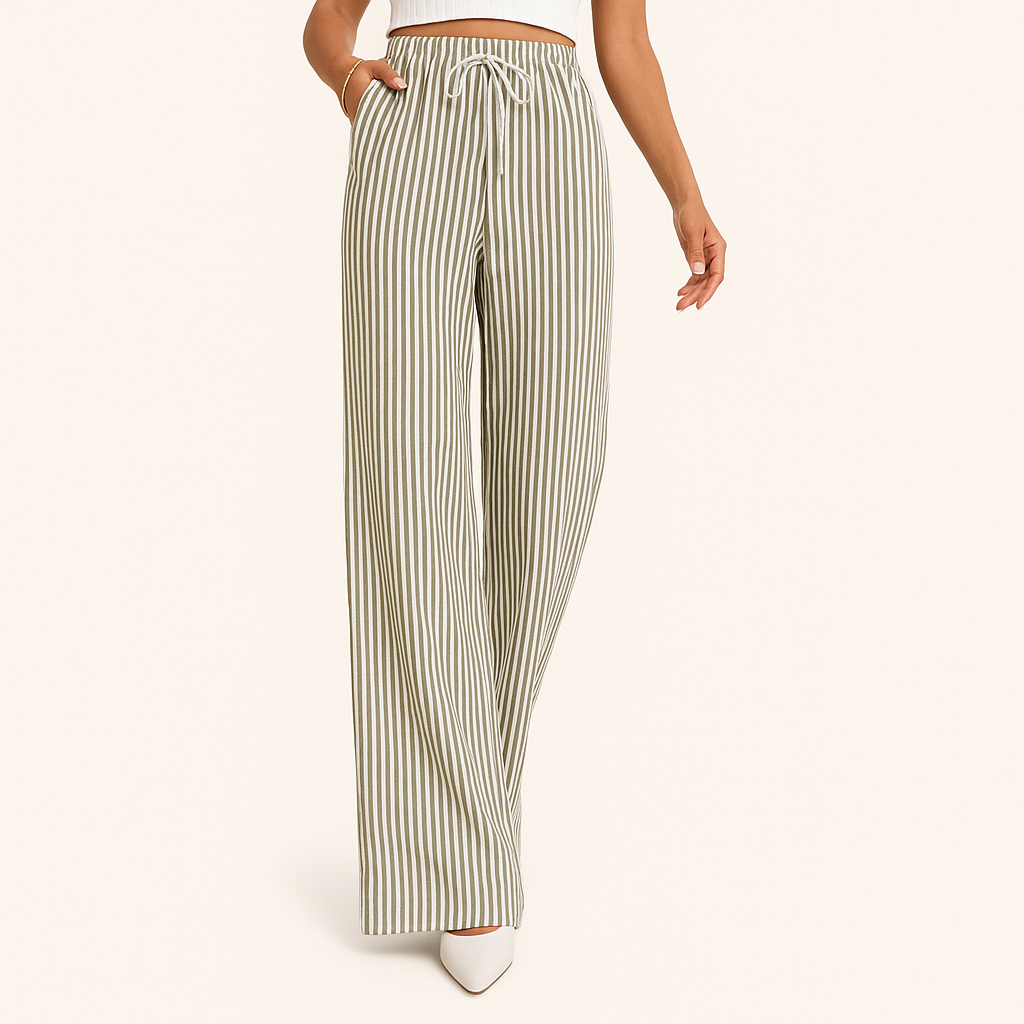 Women's Striped Cotton Blend Straight-Leg Trousers with Drawstring Waist