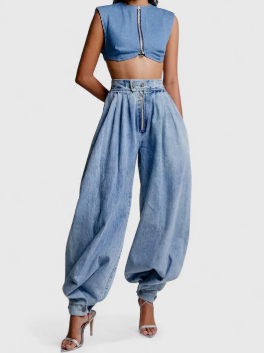 Ari Women's Jeans | High-Waisted Wide Baggy Fit, Pleated Details 2