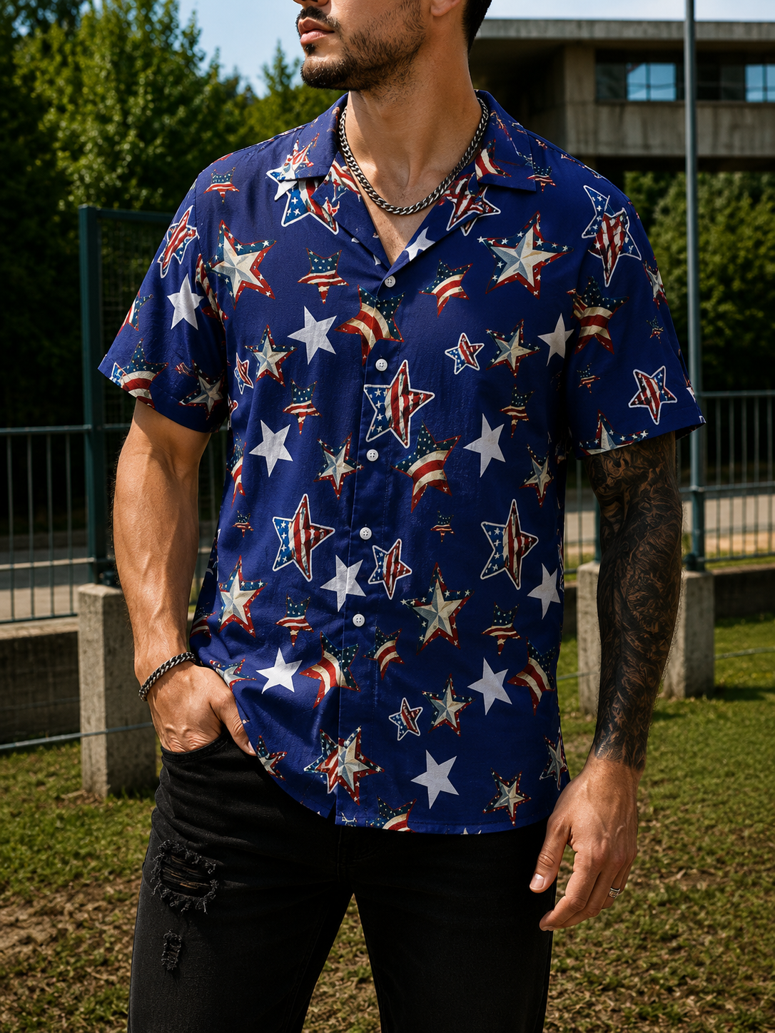 BLAKE | Men's American flag Hawaiian shirt camp collar World Cup fan plus size