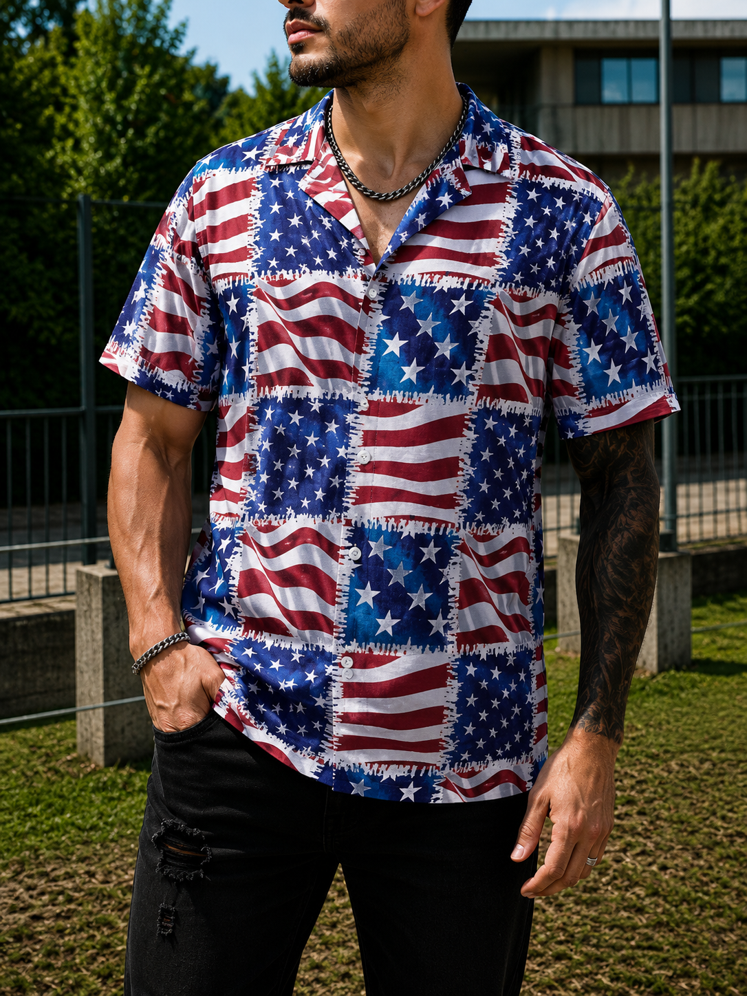 BLAKE | Men's American flag Hawaiian shirt camp collar World Cup fan plus size
