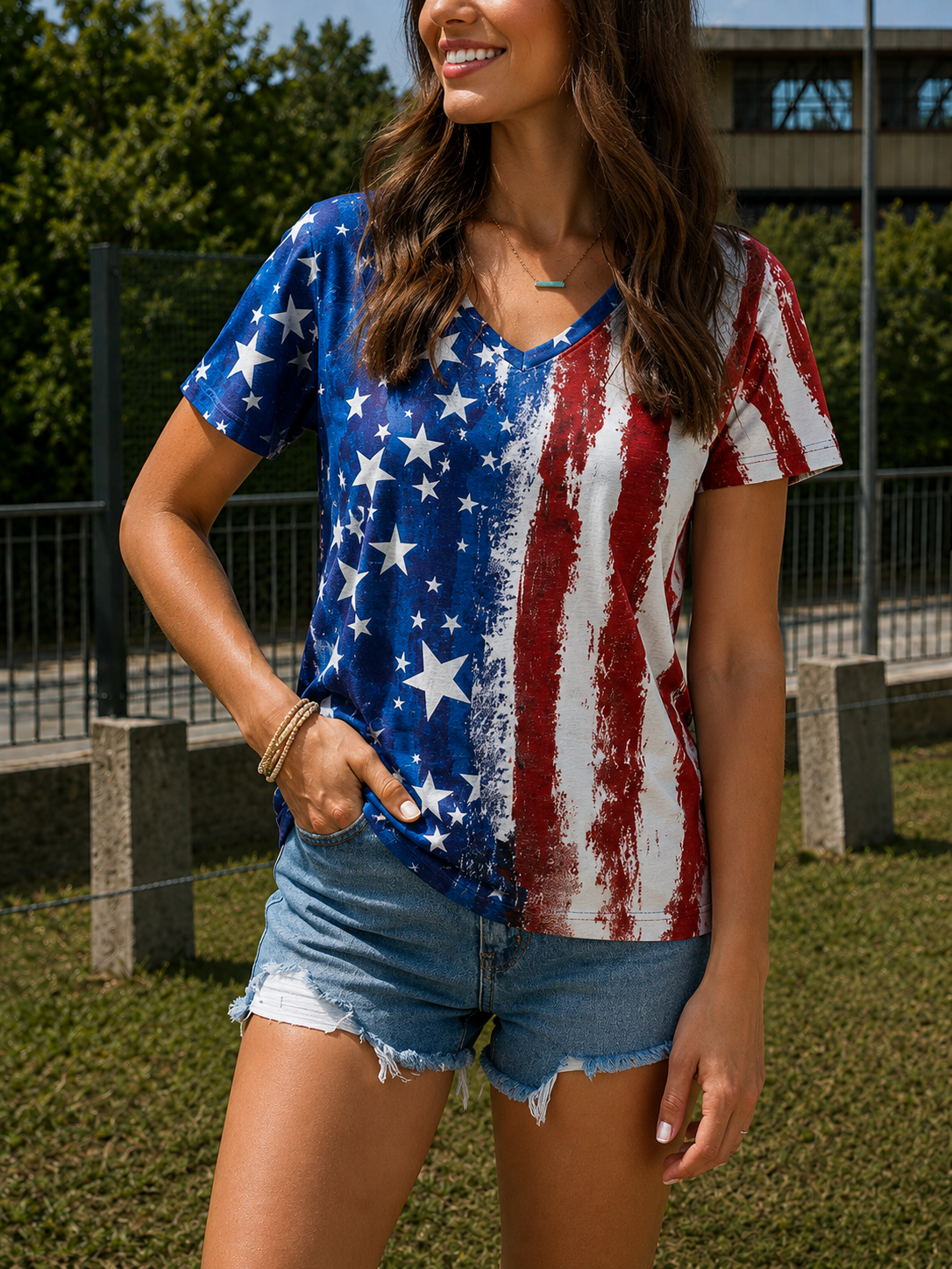 SERILDA | Women's American flag t-shirt v-neck short sleeve World Cup fan casual