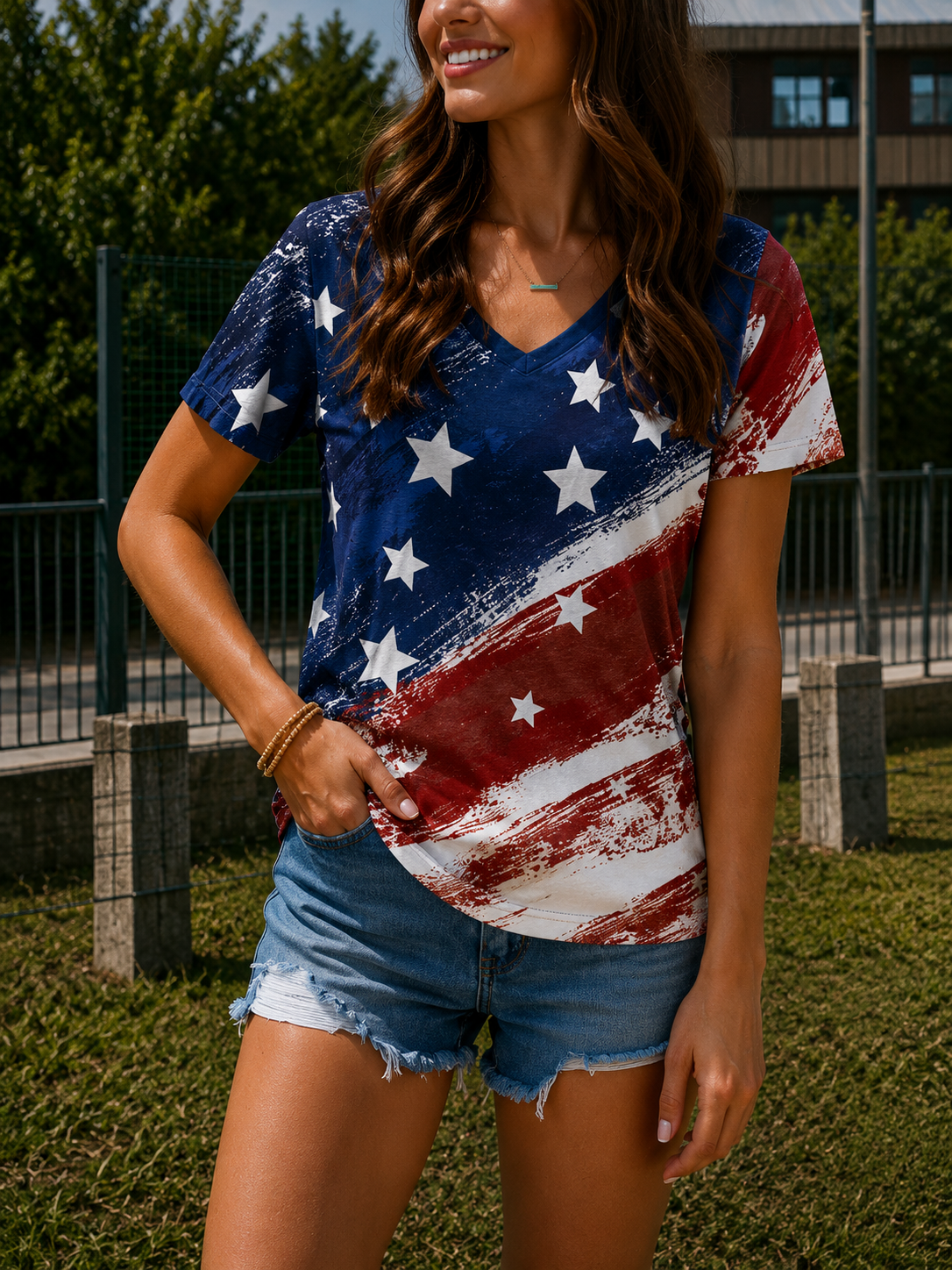 SERILDA | Women's American flag t-shirt v-neck short sleeve World Cup fan casual