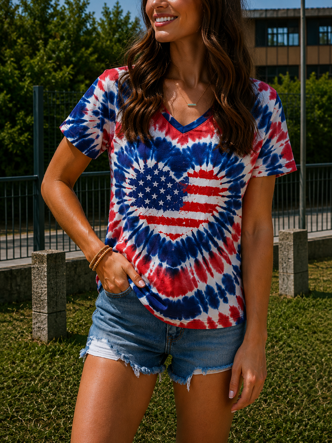 SERILDA | Women's American flag t-shirt v-neck short sleeve World Cup fan casual