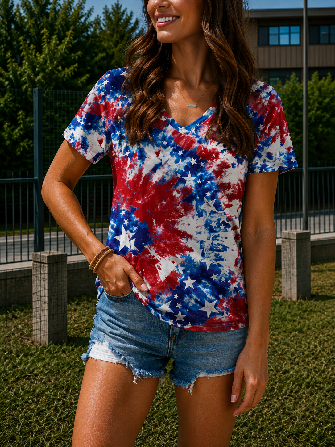 SERILDA | Women's American flag t-shirt v-neck short sleeve World Cup fan casual