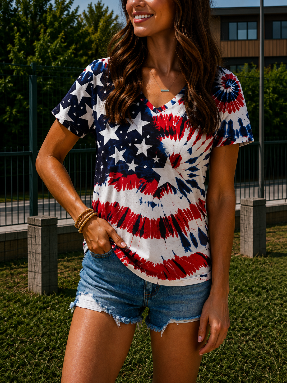SERILDA | Women's American flag t-shirt v-neck short sleeve World Cup fan casual