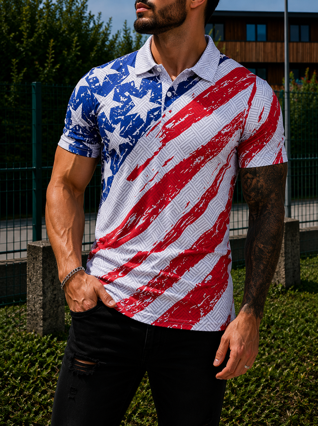 ADRIANO | Men's muscle fit polo shirt USA flag 3D print World Cup football fan