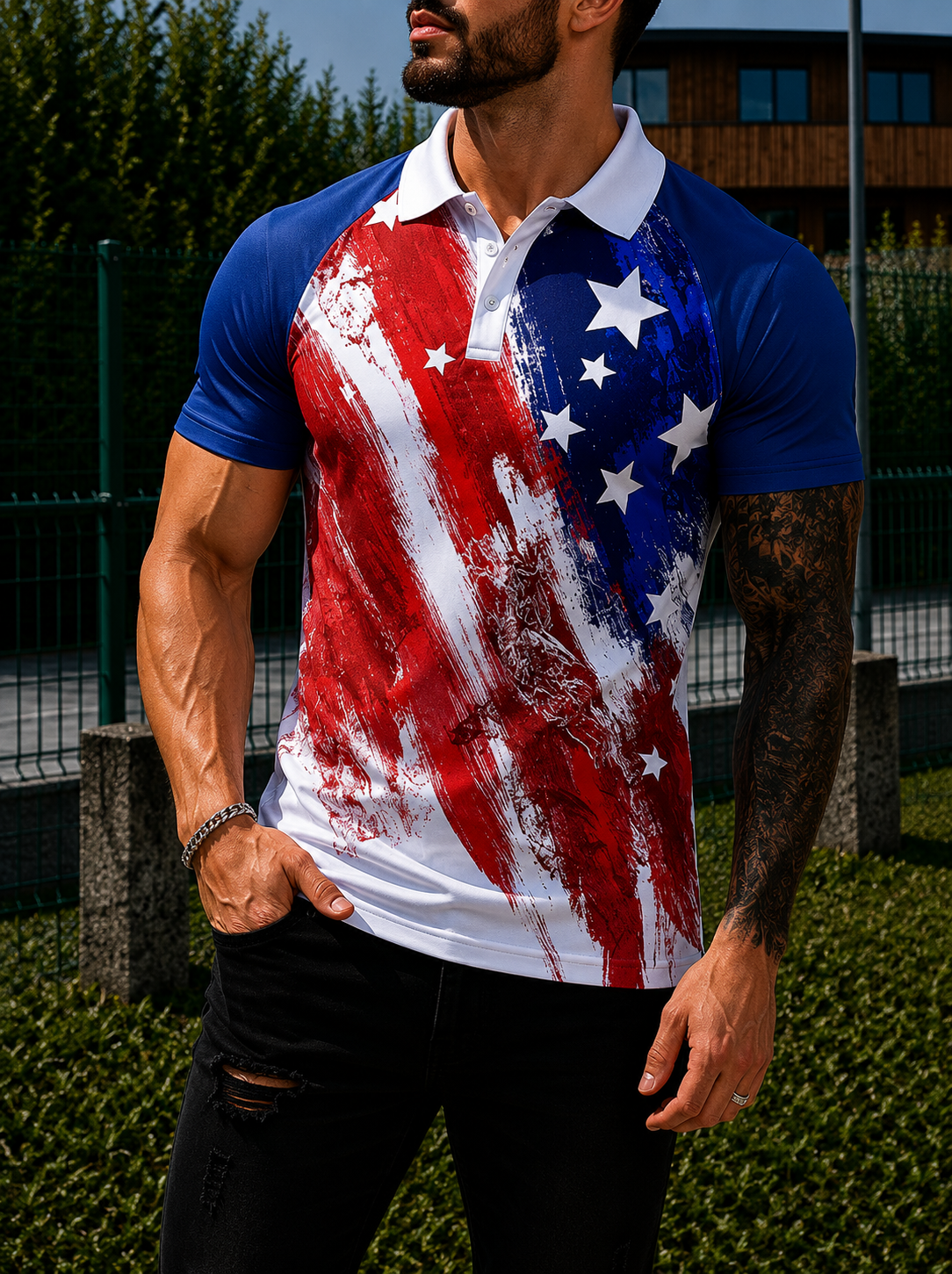 ADRIANO | Men's muscle fit polo shirt USA flag 3D print World Cup football fan