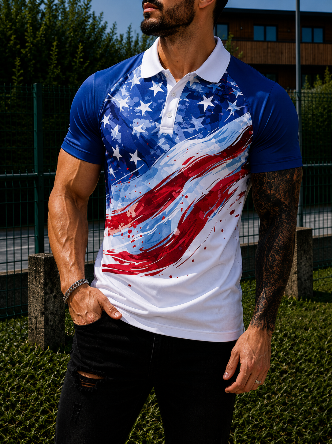 ADRIANO | Men's muscle fit polo shirt USA flag 3D print World Cup football fan